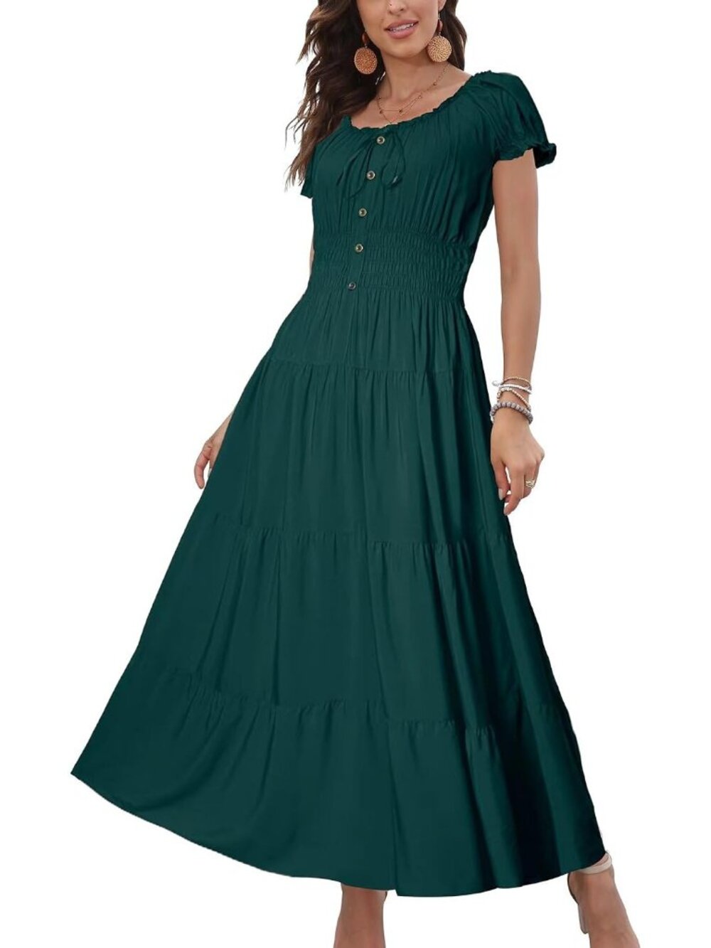 Women's Teal Green Solid Boho Smocked Tiered Short Sleeves Summer Maxi Dress